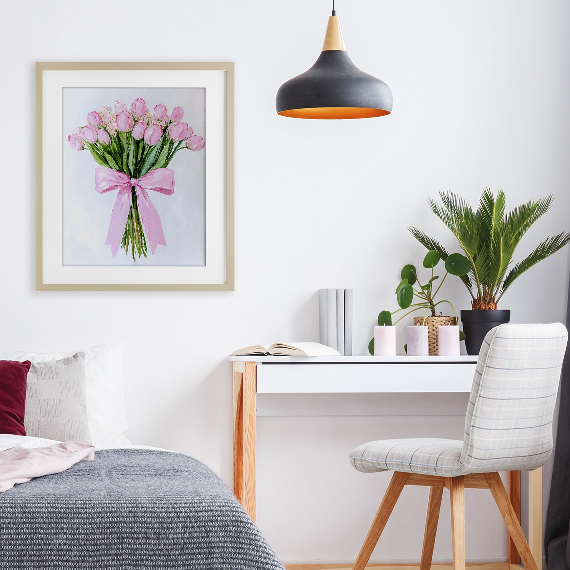 Stupell Industries Soft Pink Tulips with Ribbon Birch Framed Print Under Glass, design by The Prints Vibe
