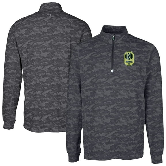 Men's-Cutter & Buck  Black Nashville SC Traverse Stretch Eco Camo Print Quarter-Zip Pullover Top