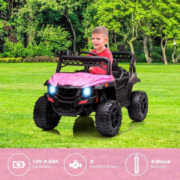 Historyli Auto eléctrico para montar: volante realista,asiento espacioso con cinturón de seguridad,espacio de almacenamiento independiente,neumáticos duraderos con amortiguadores y control remoto