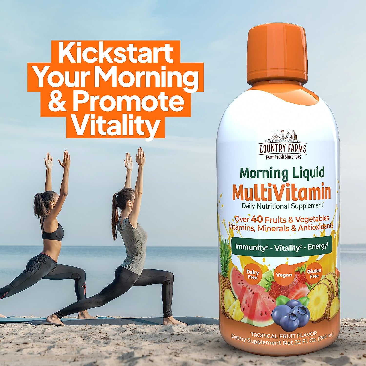 Country Farms Liquid Multivitamin, Vitamins and Minerals for Immune Support and Energy, Herbal Blend, Vegan, Multivitamin for Women and Men, Gluten Free, Tropical Fruit Flavor, 32 fl oz