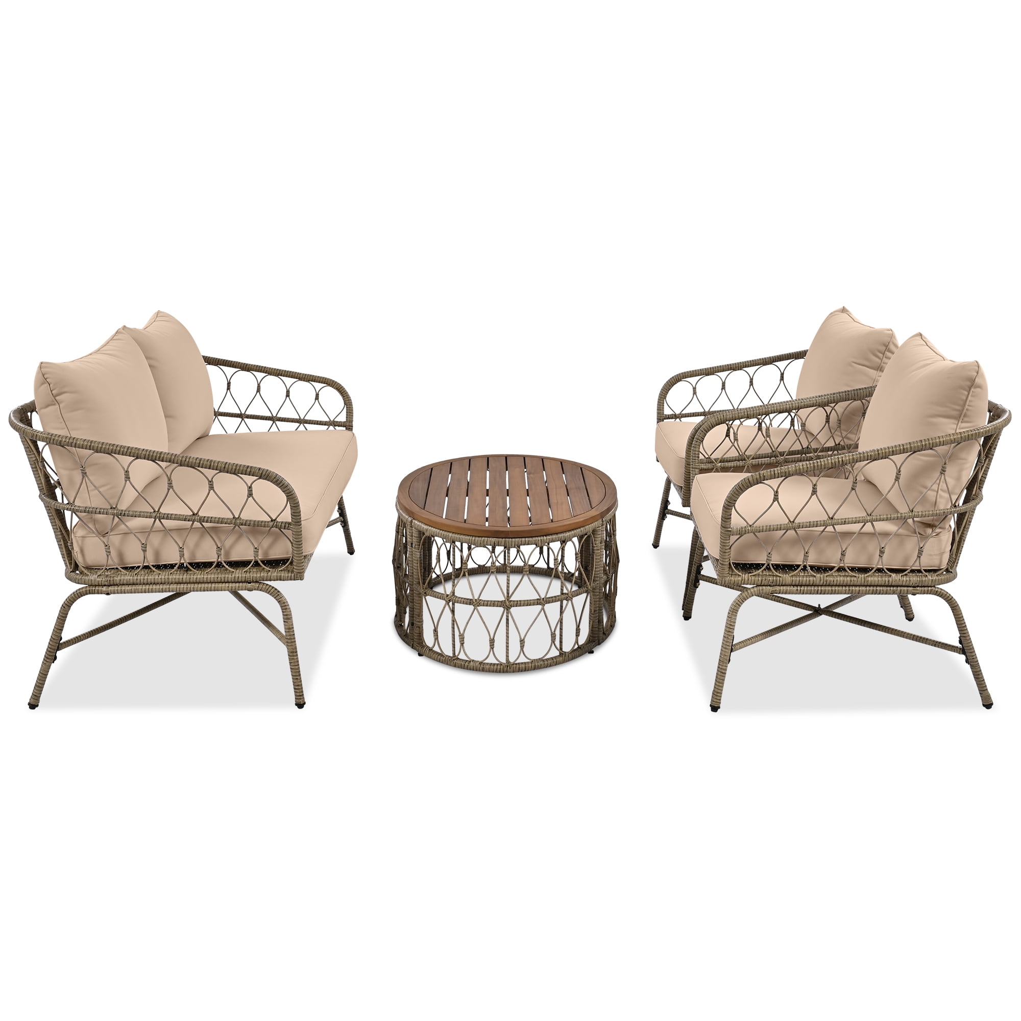 Highsound 4 Piece Patio Furniture Set, All Weather Outdoor Sectional Sofa Manual, Metal & Wicker Frame Patio Conversation Set with Coffee Table & Beige Cushions