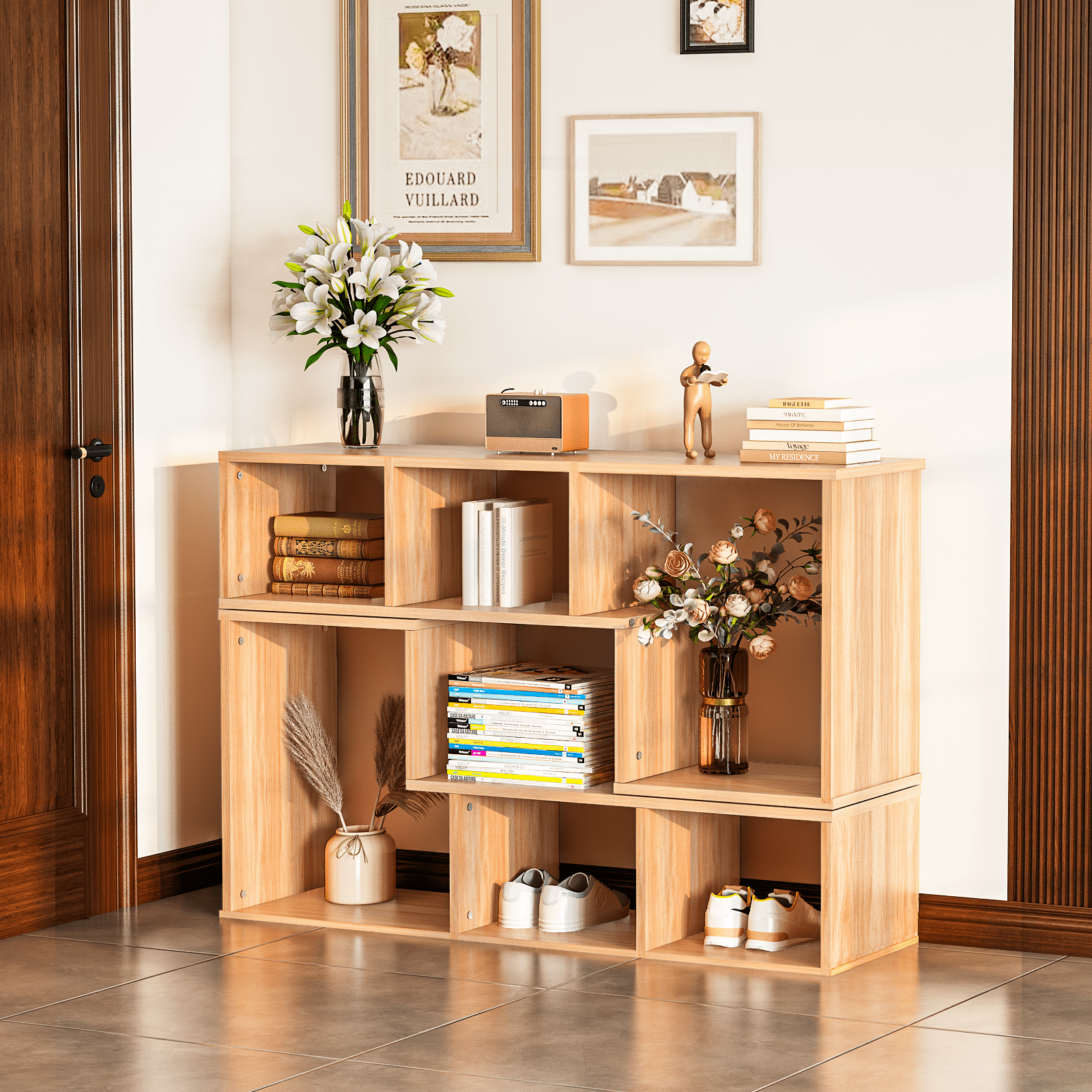 MOOSENG Horizontal Bookshelf, Vintage 2 Shelf Cube Bookcase L-Shaped TV Console Stand, Modern Entertainment Center with Open Storage Shelves for CDs/Movies/Books for Living Room, Bedroom
