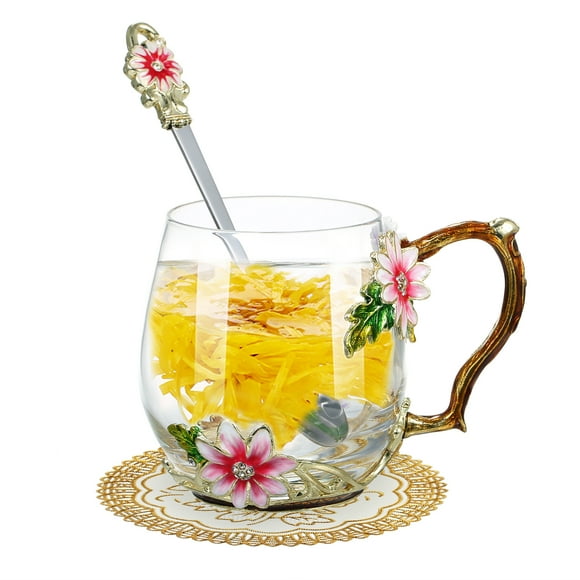 Yeacher Flower Craft Water Cup Drink Mug with Handle Design Tea Coffee Cup with Spoon