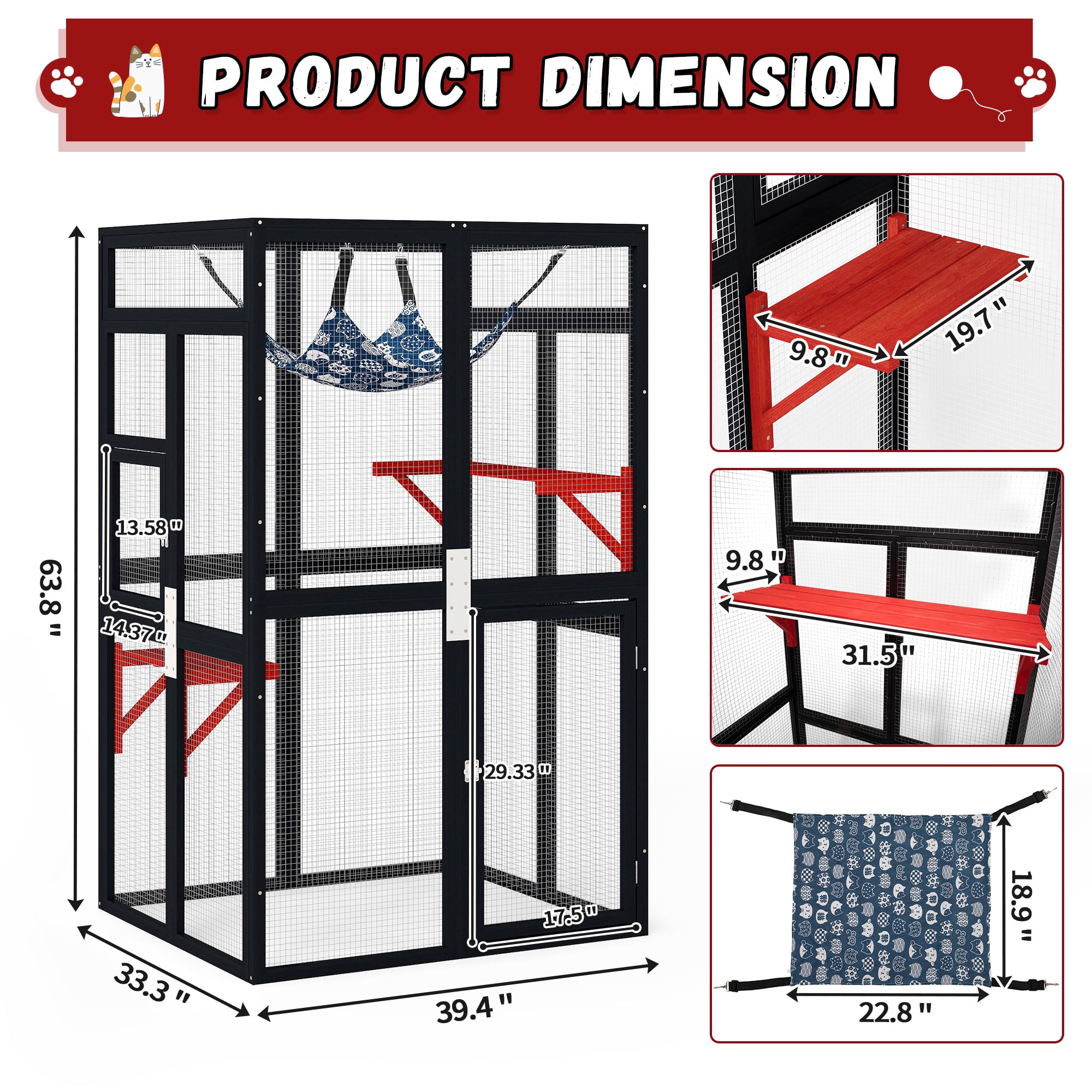 COZIWOW 64" Catio Outdoor Cat Enclosure Window Access with 3 platforms & hammock, Waterproof Roof Wooden Cat House Cage Indoor, Black