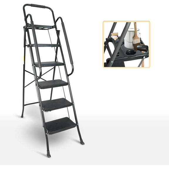 Premium 5 Step Non-Slip Stool Ladder With Handrails 330 Lbs Folding Tool Tray Platform
