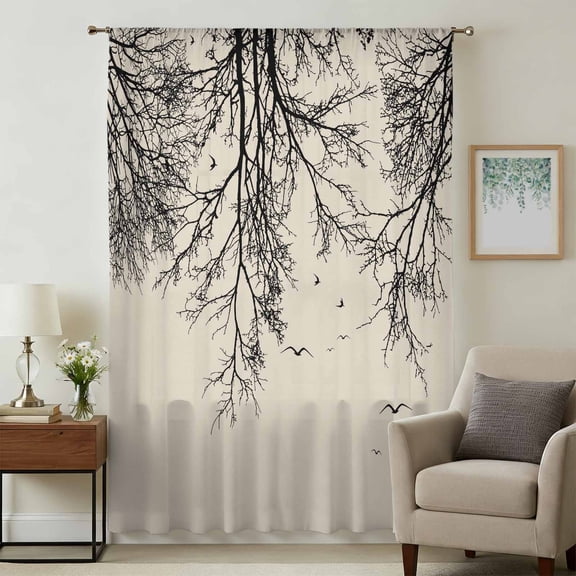 Beige Black Branches Sheer Curtains 45 Inches Long, Botanical Dead Tree Birds Light Filering Curtains, Breathable Simi Curtain Privacy Drapes for Kitchen Bathroom Lightweight Small Window Treatment
