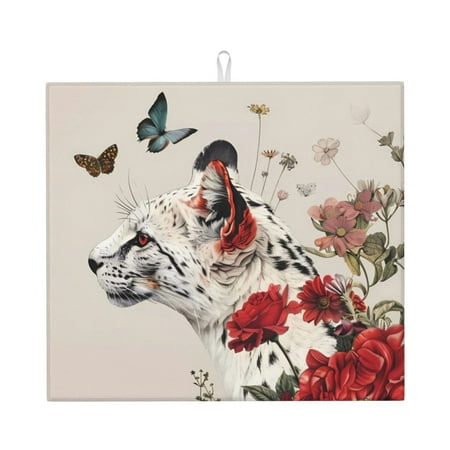 

Dish Drying Mats for Kitchen Counter - Floral Leopard Butterflies 16x18In Anti-Slip Absorbent Microfiber Drying Mat for Kitchen Counter Mat Dish Rack Mat with Hanging Loop