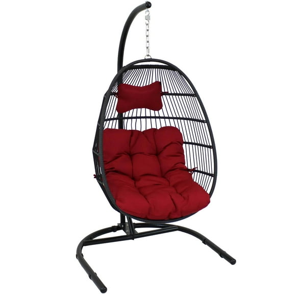 Sunnydaze Julia Polyethylene Wicker Egg Hanging Chair with Cushions and Stand, Red