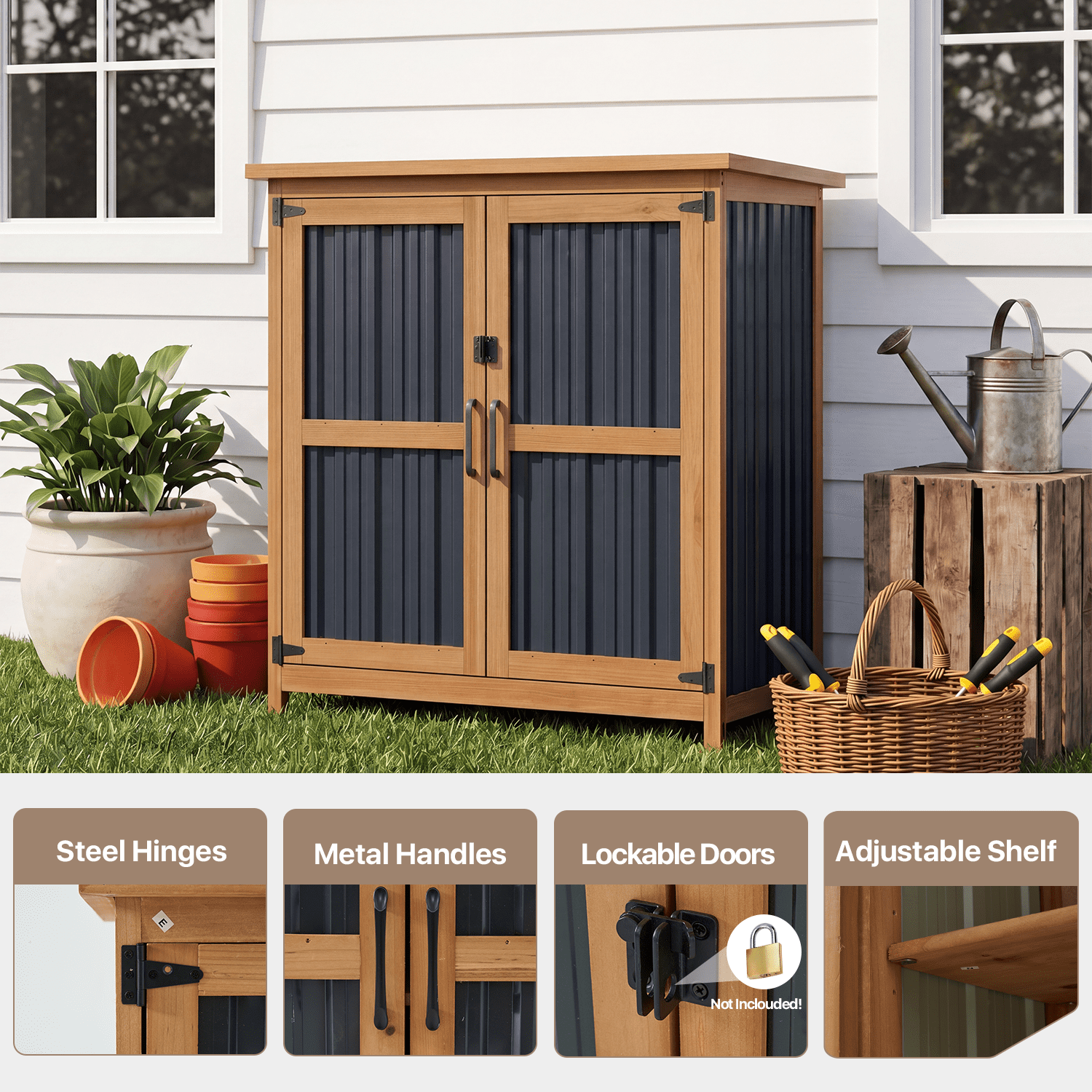 BaPiPro Outdoor Storage Cabinet, 2.6'x1.1' Wood Storage Shed with Lockable Doors, Waterproof Garden Tool Cabinet with Removable Shelf for Patio, Backyard