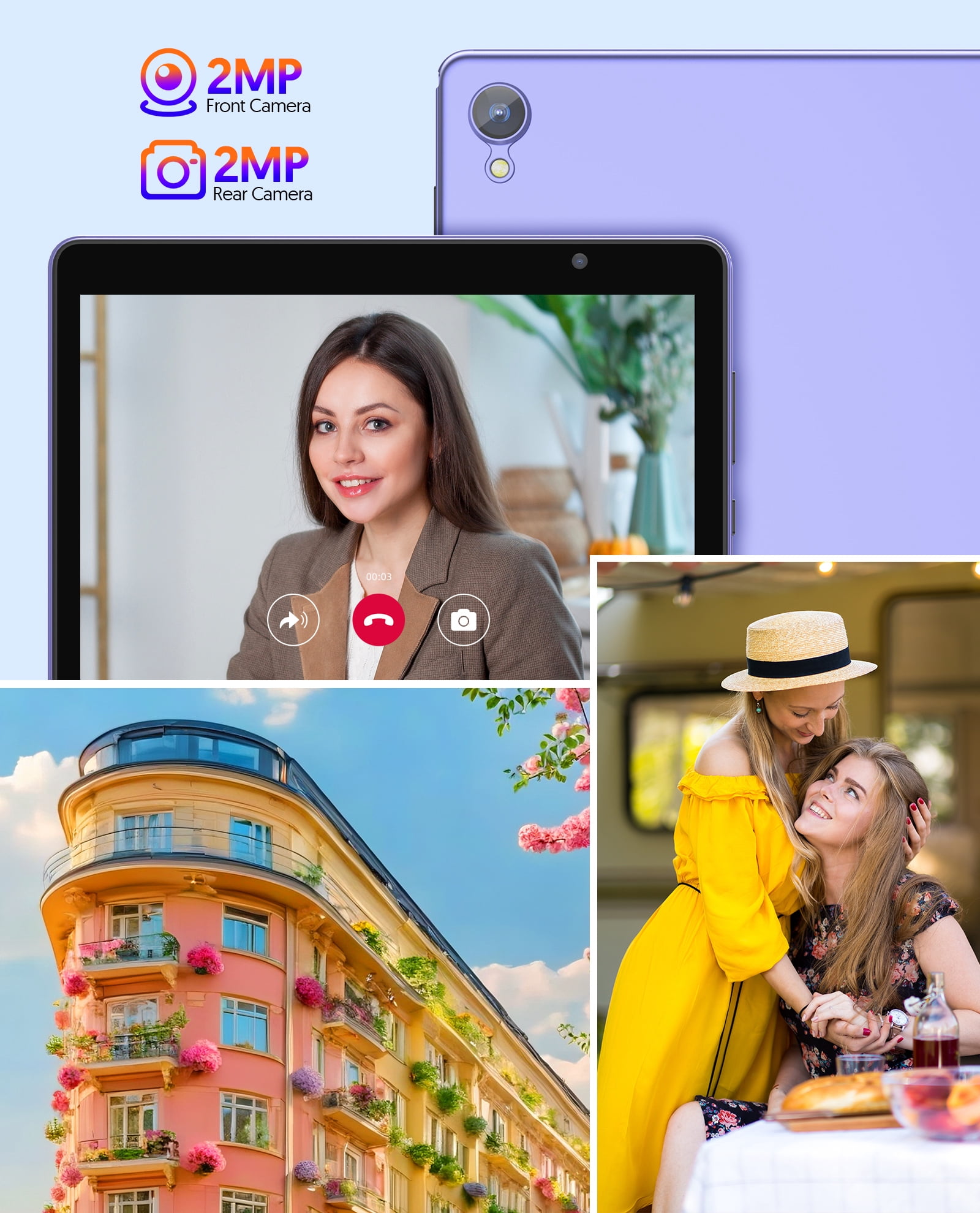 Android Tablet, 10 inch Android 14 Tablet, Quad-core CPU, RAM 4GB（2G+2G）, ROM 32GB (Up to 1TB), 800x1280 IPS, WiFi 6, 2MP+2MP, 6000mAh, Purple