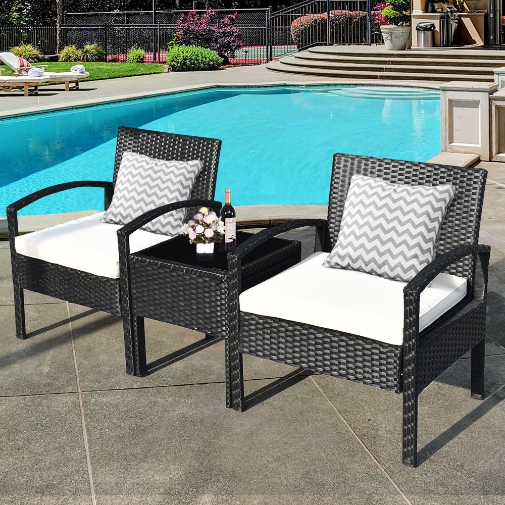 Topbuy 3 Pieces Patio Set Outdoor Wicker Rattan Furniture w/ Cushions