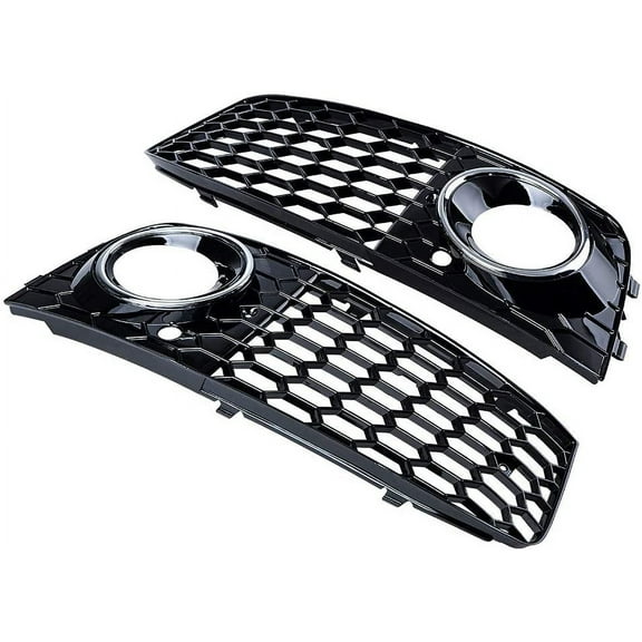 Astra Depot Glossy Black Chrome Ring Front Lower Bumper Fog Light Cover Mesh Grille Fit Audi A4 B8 2008-2012