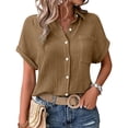 thumbnail image 4 of Pxiakgy Women Linen Button Down Shirt Rolled Cuffed Short Sleeve Blouse Ladies Summer Casual V Neck Beach Double Layer Wrinkled Fabric Tops Batwing Sleeve Pocket Patched Shirt Coffee Xxl, 4 of 7