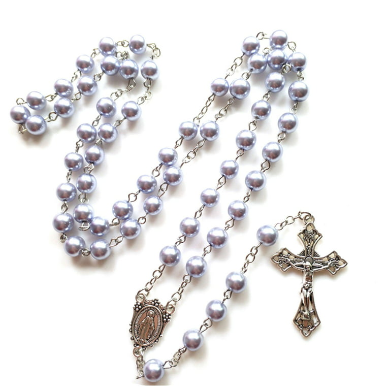 YUUZONE Glass Pearl Cross Rosary Necklace Bead Hanging Pendant