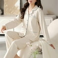 thumbnail image 5 of Womens 2 Piece Pajamas Long Sleeve Button Up Shirt and Pants Sets, Soft Sleepwear Pjs Set Wide Leg Bottom Suits (Medium, Beige), 5 of 5