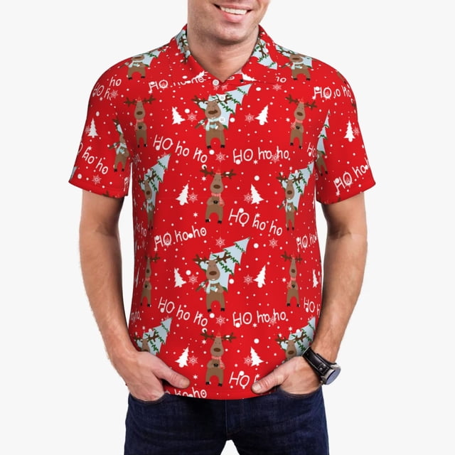 Balery Christmas Deer 1 Camisa Polo de Hombre con Estampado, de Manga Corta y Tejido Medio, Camisa Tipo Golf Polo-XX-Large