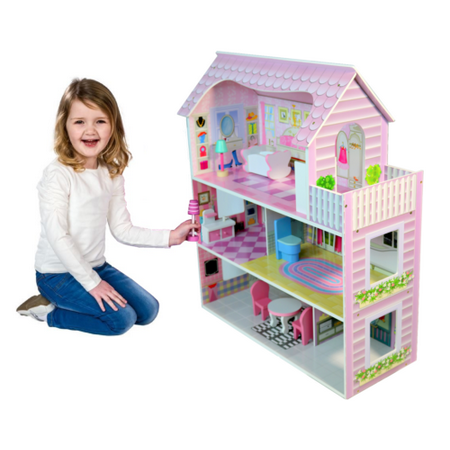 Odd Furniture For Sale 3-Level Wooden Dollhouse Open-Sided Cottage Uptown Kid House Play with 8 Pieces of Furniture Dream Doll House for Little Girls 3 Year Olds ()