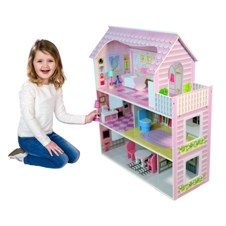 3-Level Wooden Dollhouse Open-Sided Cottage Uptown Kid House Play with 8 Pieces of Furniture Dream Doll House for Little Girls 3 Year (Best Wooden Dollhouse For 3 Year Old)