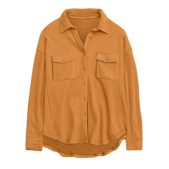 AherBiu Womens Jacket Shacket Button down Shirts Lapel V Neck Long Sleeve Tops Fall Casual Loose Outwear