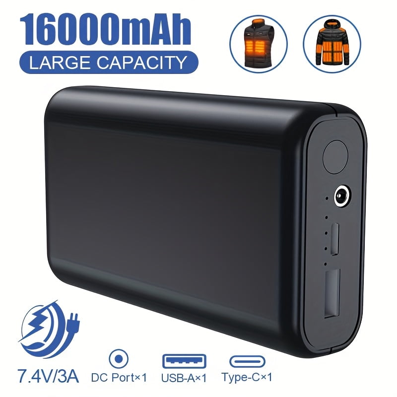 5V/7.4V 16000mAh Heated Vest Battery Pack, Type-C Charger for Heated Jackets, Hoodies, Seat Covers, Phones & Smart Devices - Winter Warmth & Power Combo