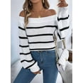 thumbnail image 3 of Off Shoulder Striped Sweater Women Fall Fashion Casual Knit Sweaters Pullover Y2k Cute Tops White S, 3 of 8