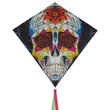 In the Breeze 3216 — Sugar Skull 30 Inch Diamond Kite - Single Line - Includes Kite Line and Bag - Fun Printed Design