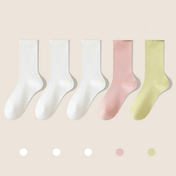 Viluyesy Womens Crew Socks 5-Pack, Mid-Tube Breathable Cotton Solid Stretch Basic Athletic Long Socks Pink