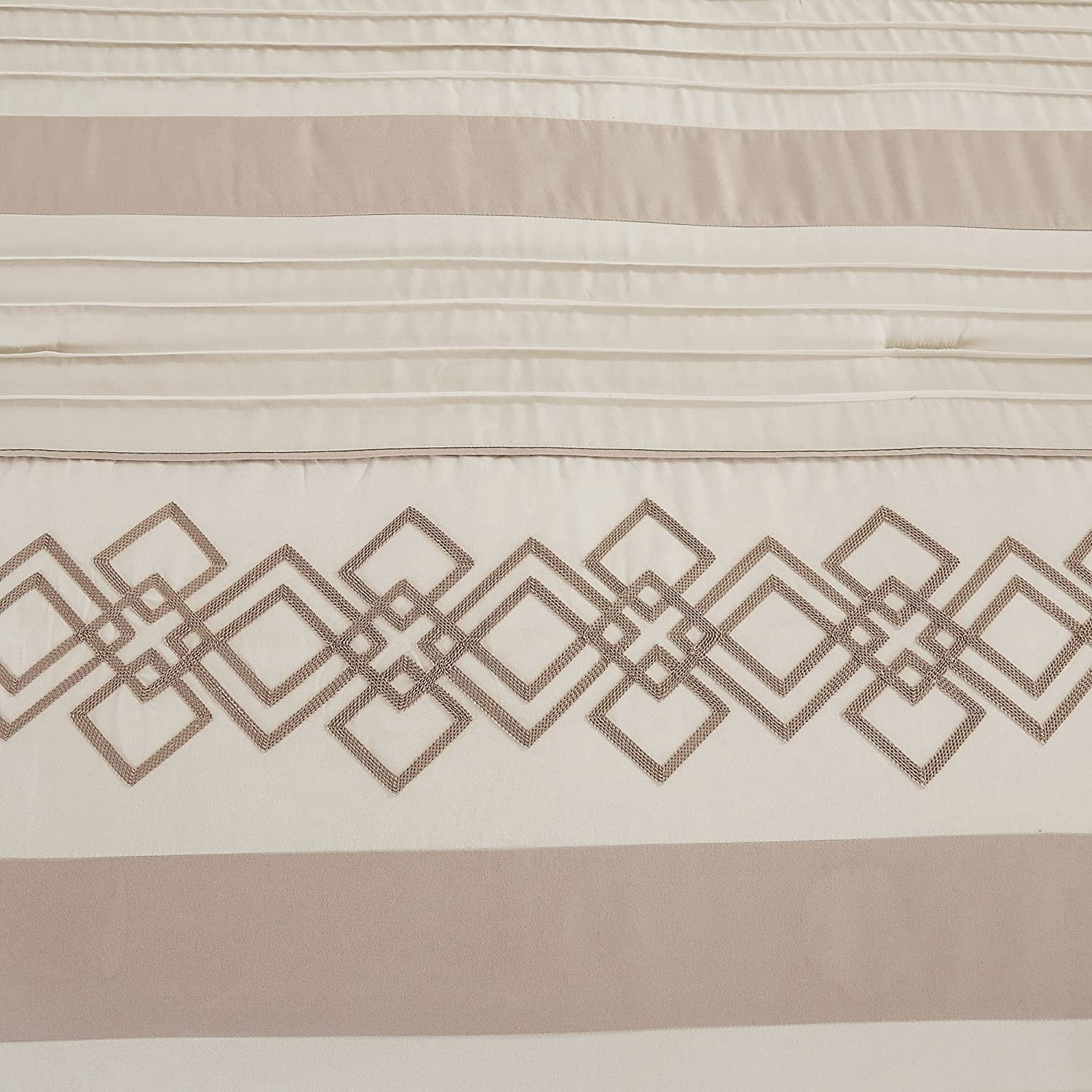 Chezmoi Collection Ariel 7-Piece Geometric Chenille Embroidery Comforter Bedding Set, Queen, Taupe