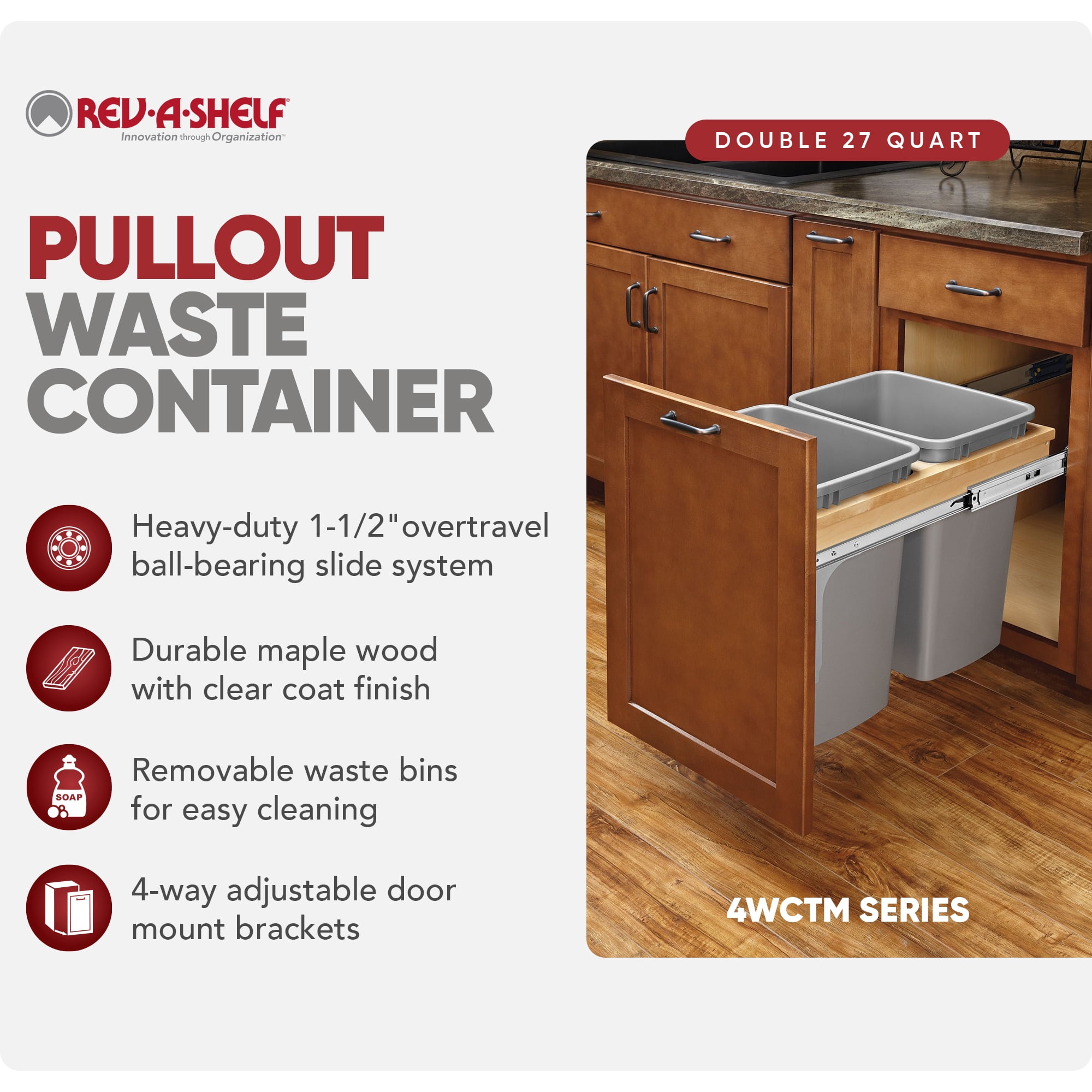 Rev-A-Shelf Double Pullout Top Mount Trash Can w/Soft Close, 27 Qt Silver, 4WCTM-15BBSCDM2