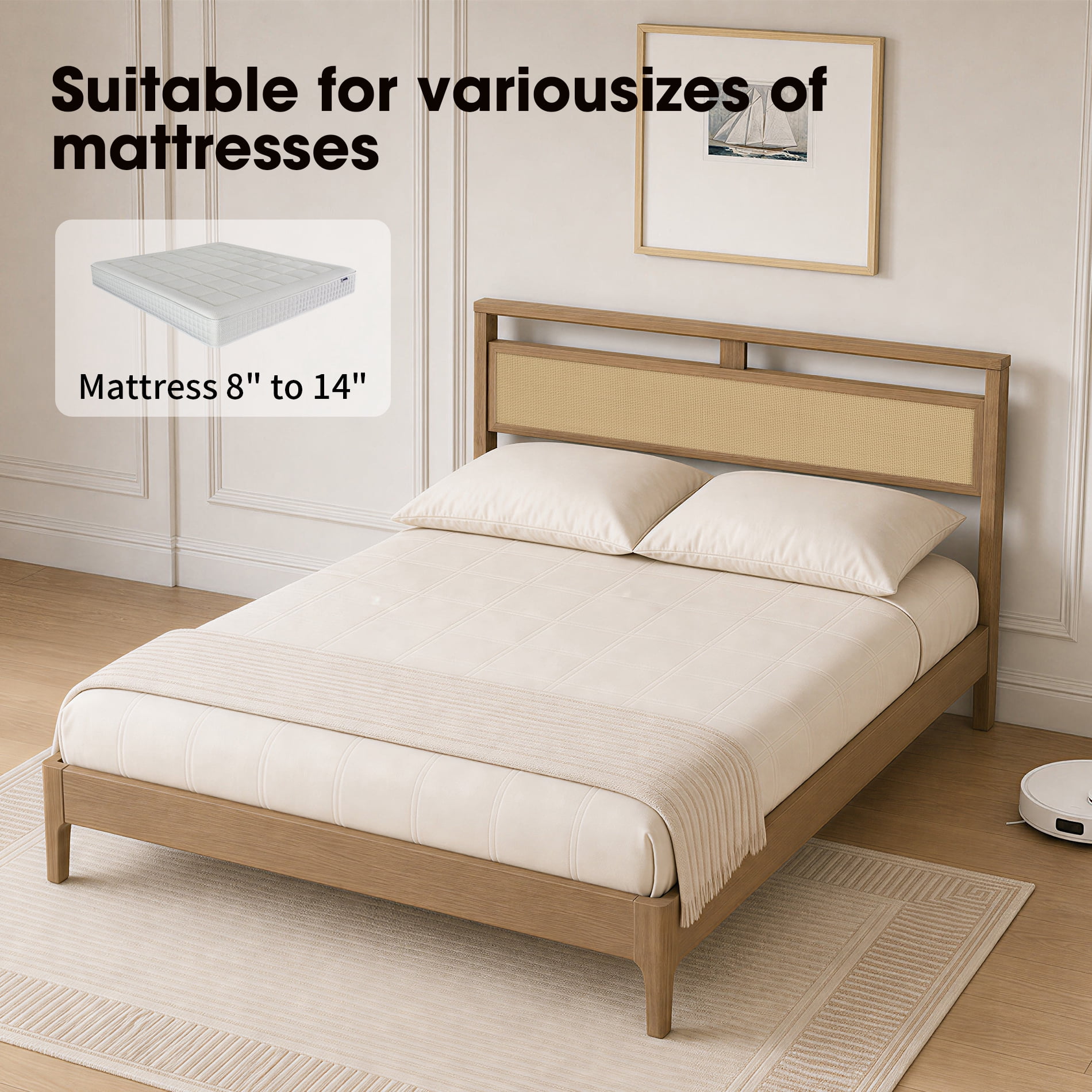 Queen Bed Frame With Rattan Headboard, Solid Wood Legs,Oak