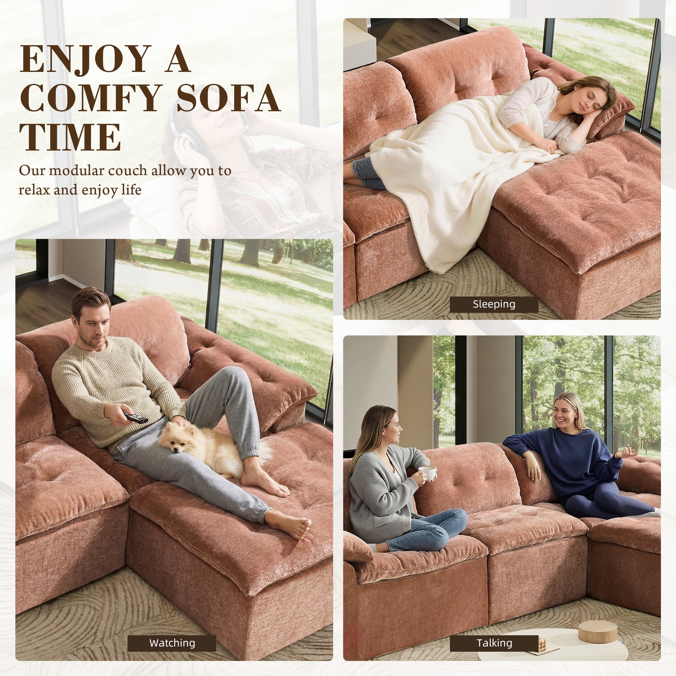 Aukfa 4-Piece L-Shaped Modular Sectional Sofa with Ottoman for Living Room, Ice Flower Chenille, Terracotta