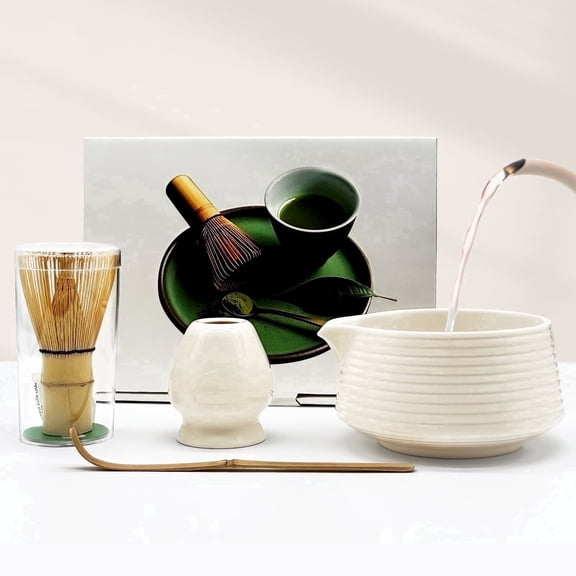 4 Pcs Matcha Whisk Set, Ceramic Matcha Kit Set Includes Matcha Bowl, Bamboo Scoop, Matcha Whisk and Holder-for Matcha Lovers(White)