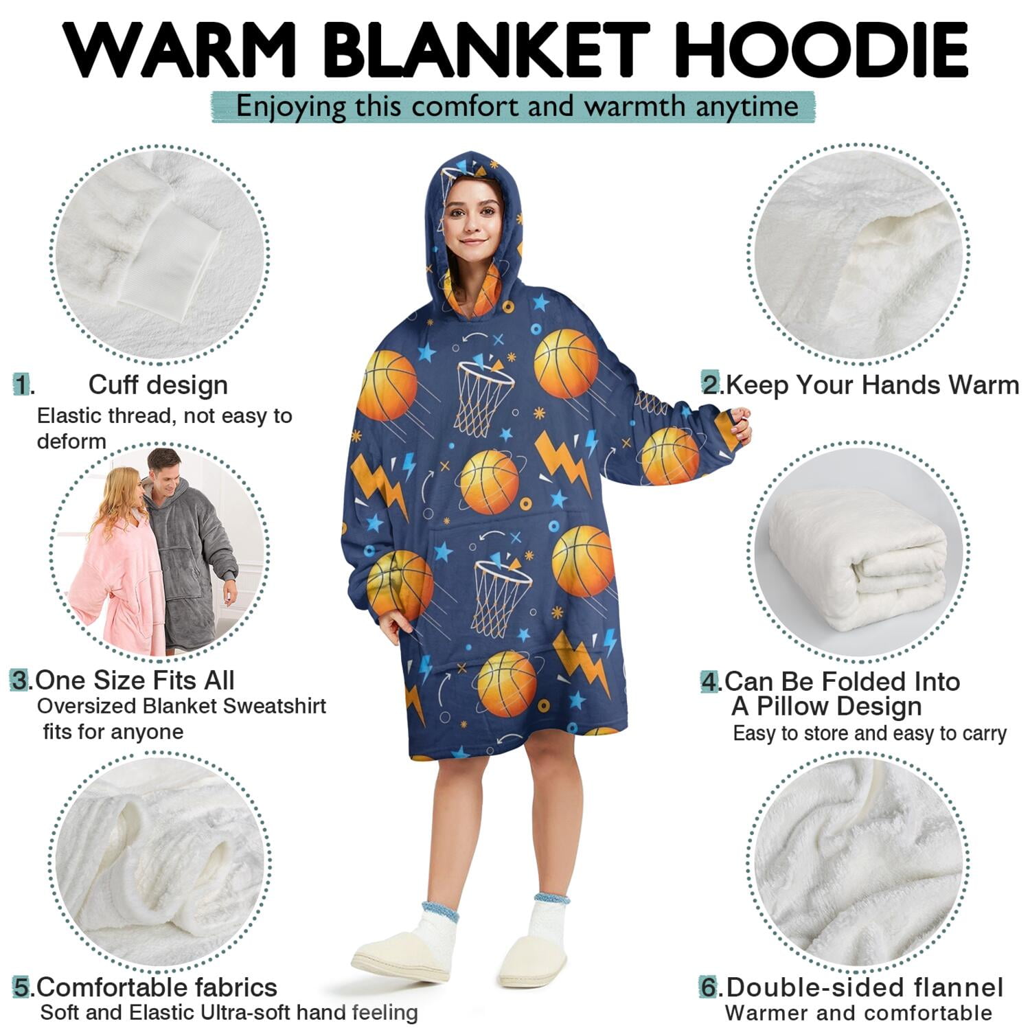 Basketball Theme Pattern Wearable Oversized Blanket,Wearable Blanket Hoodie for Adults,Cozy Hooded Blankets with Super Pockets,Super Warm Fuzzy Pullover for Women & Men