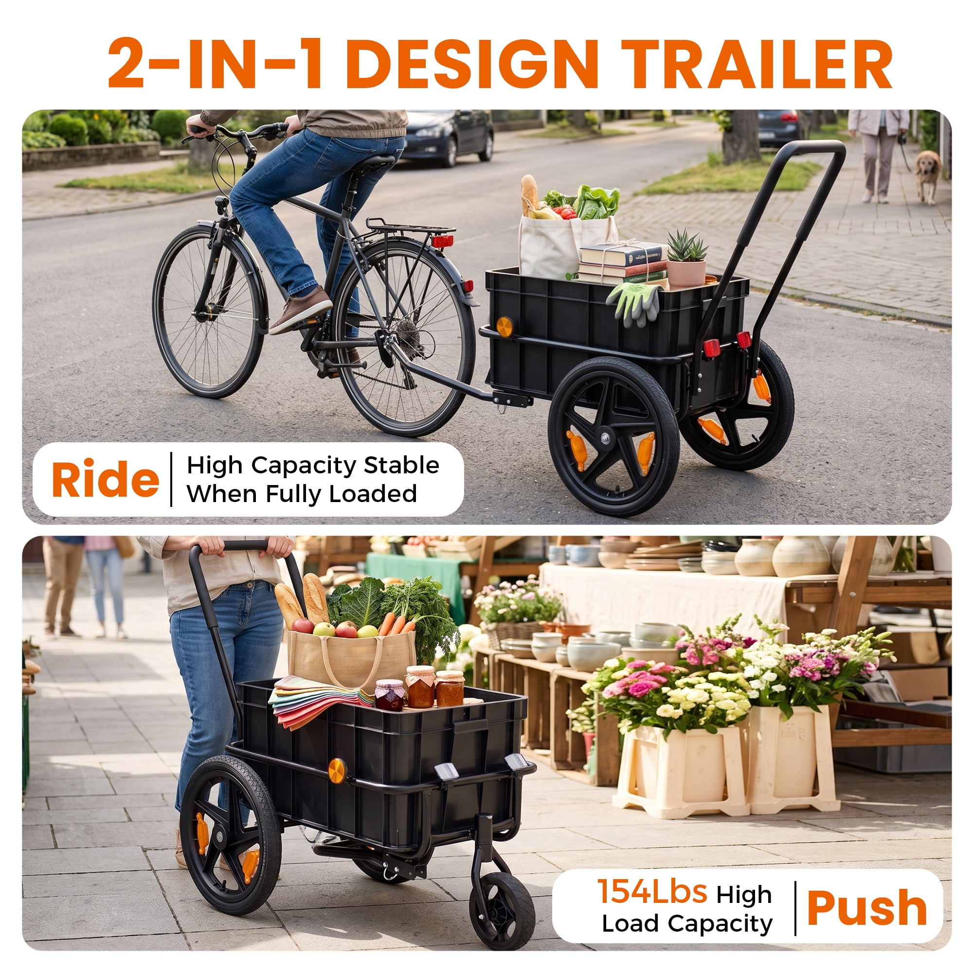 2-in-1 Bike Trailer Pushcart 154 lbs Capacity 16 Wheels Waterproof Cover Adjustable Handle