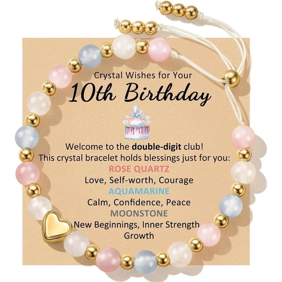 10th Birthday Bracelet for Girls, Pastel Bead Bracelet with Heart Charm and Adjustable Cord, Inspirational Birthday Gift for Daughter, Granddaughter, Niece, Sister or Friend