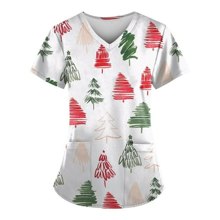 

Ovticza Christmas Nursing Scrubs for Women Tree with Pockets Xmas Short Sleeve Nursing V Neck Print Plus Size Women Plus Size Christmas Scrub Tops Hot Pink 2XL