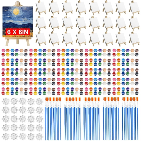 25 Pack Mini Canvas and Easel Set with Paint, 6 x 6 Inch Small Canvases for Painting with Wood Easel Stand and 12 Colors Mini Paint Set, Bulk Kids Acrylic Canvas Painting Kit for Paint Party Supplies