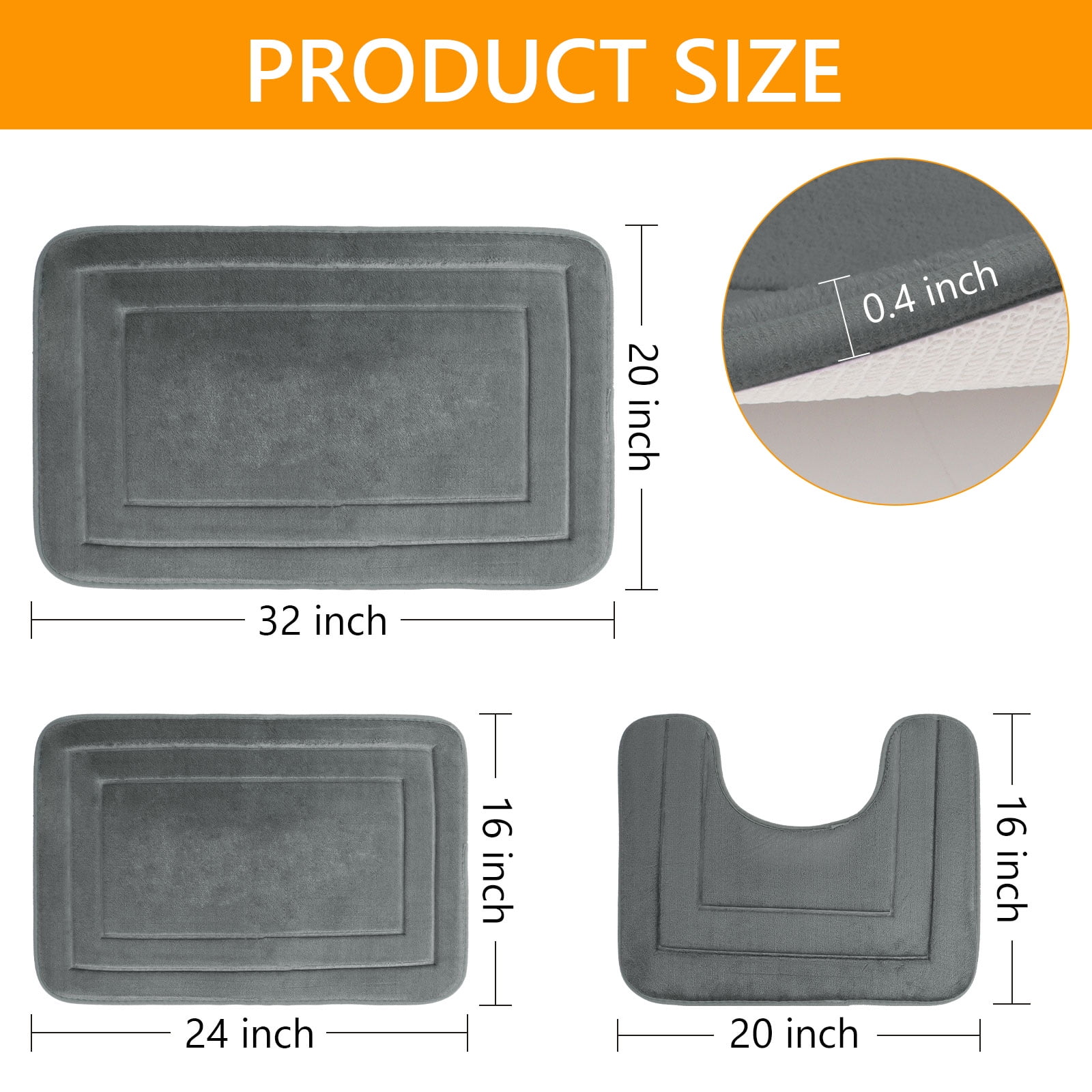 Tripumer 3 Pcs Dark Gray Memory Foam Bath Mat Set Bathroom Rugs Set U Shape Toilet Mats for Toilet Shower Sink