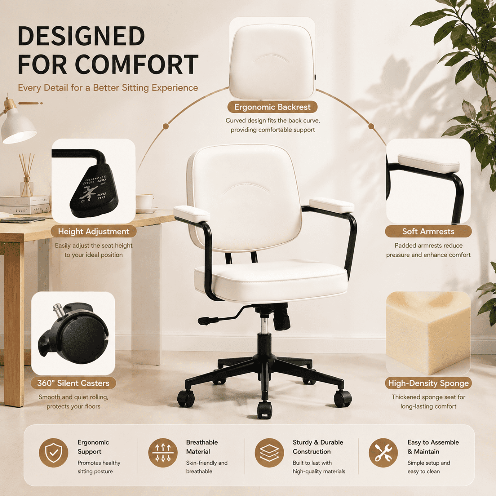 Ergonomic Office Chair, PU Leather Executive Desk Chair with Fixed Armrests, Adjustable Height, Rocking Function, 360° Swivel Rolling Wheels Beige