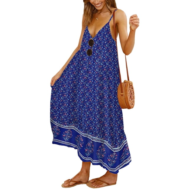 Robes pour Femmes Floral Réglable Spaghetti Sangle V Cou Boho Longue Maxi Robe Été Plage Flowy Ethnique Robe de Soleil