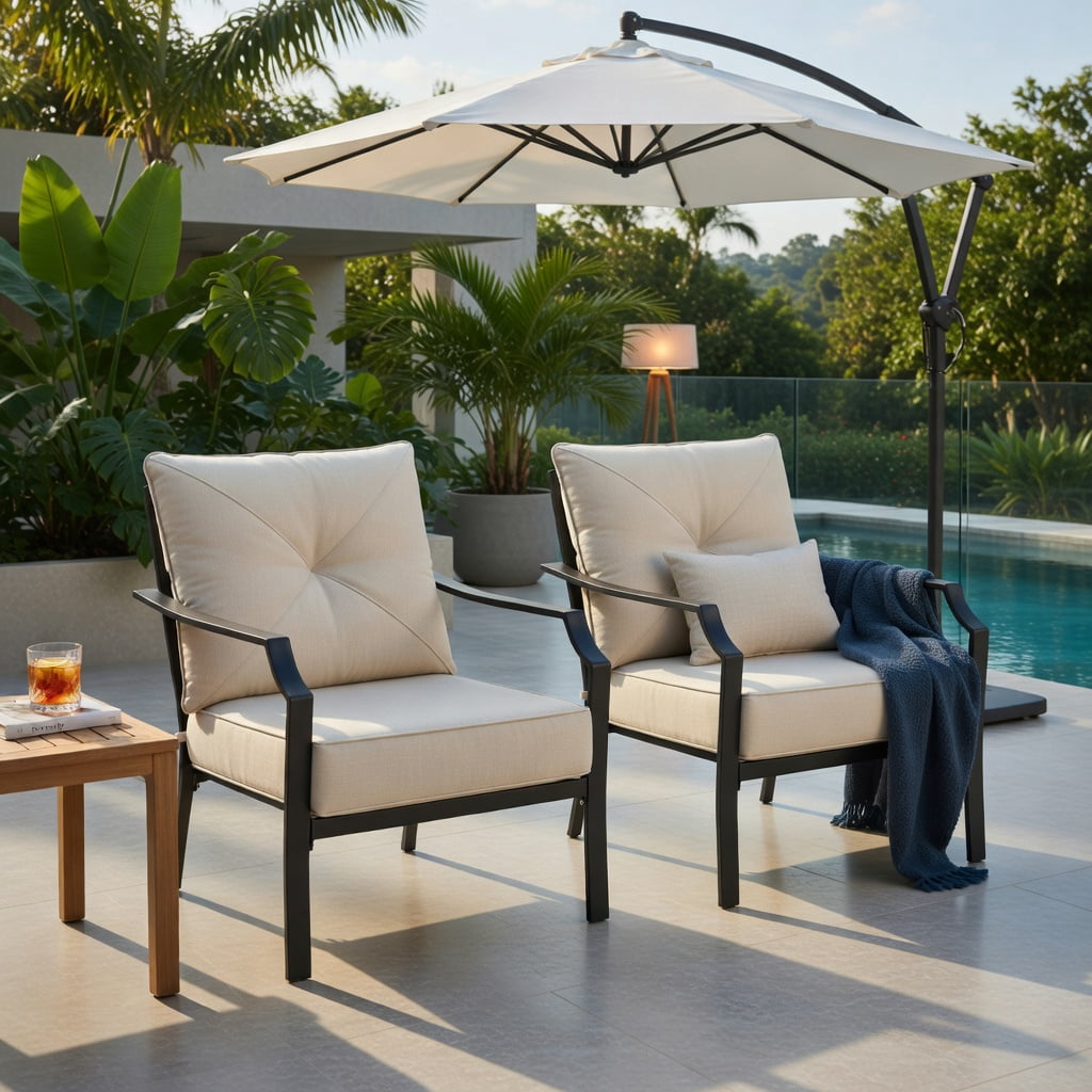 Hommoo 2-Piece Outdoor Dining Chairs Set with Padded Cushions, Black Steel Frame, Rust-Resistant Patio Chairs for Backyard, Garden & Balcony, Beige