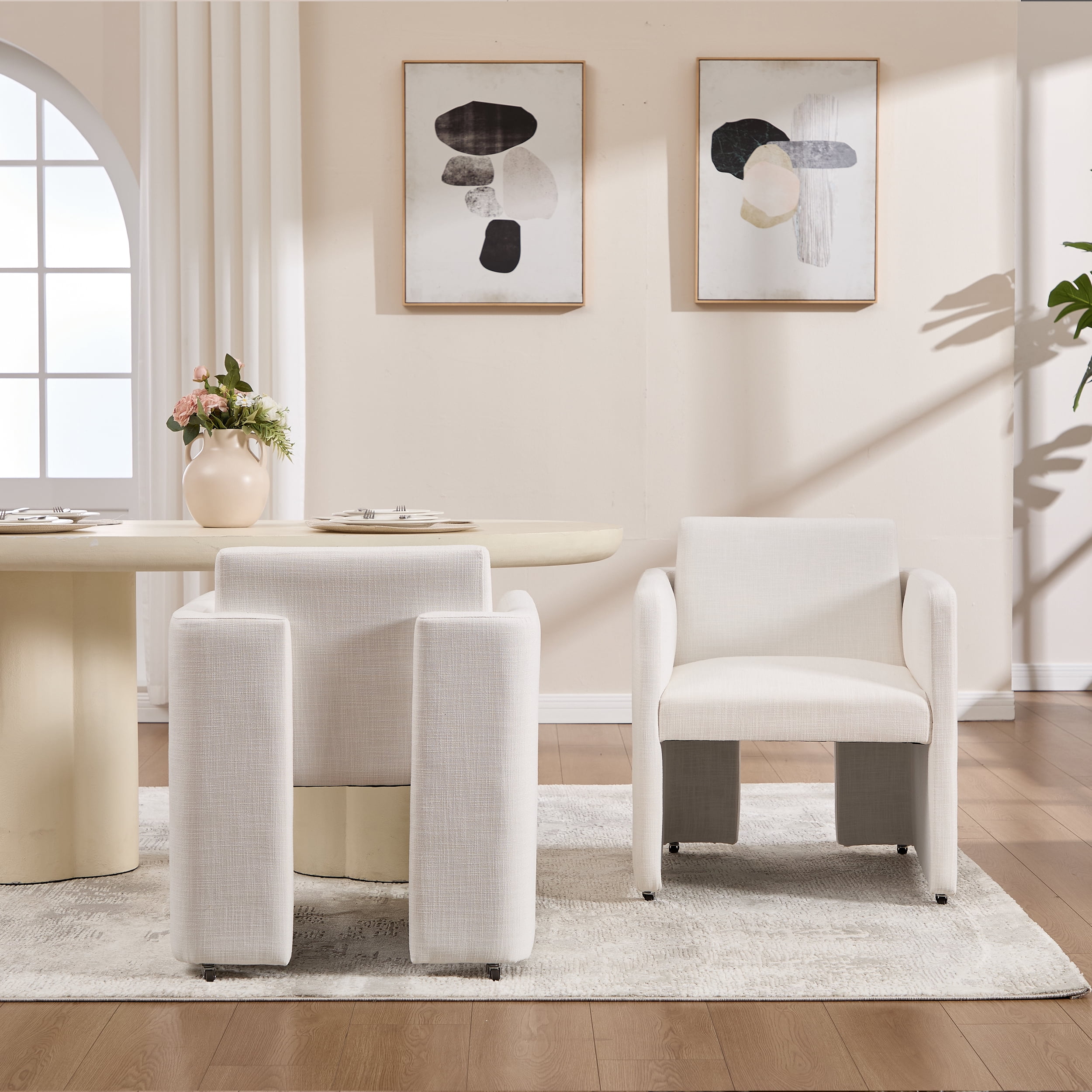 Barrel Dining Chair with Linen Fabric and Arms, Upholstered Accent Chair and Side Seating for Living Room Home Office Reception, Linen Cream