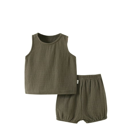 

LNWUY Baby Summer Solid Color Cotton Gauze Home Clothes Shorts Split Comfy Breathable Two-Piece Pajamas Suit Army Green 8months