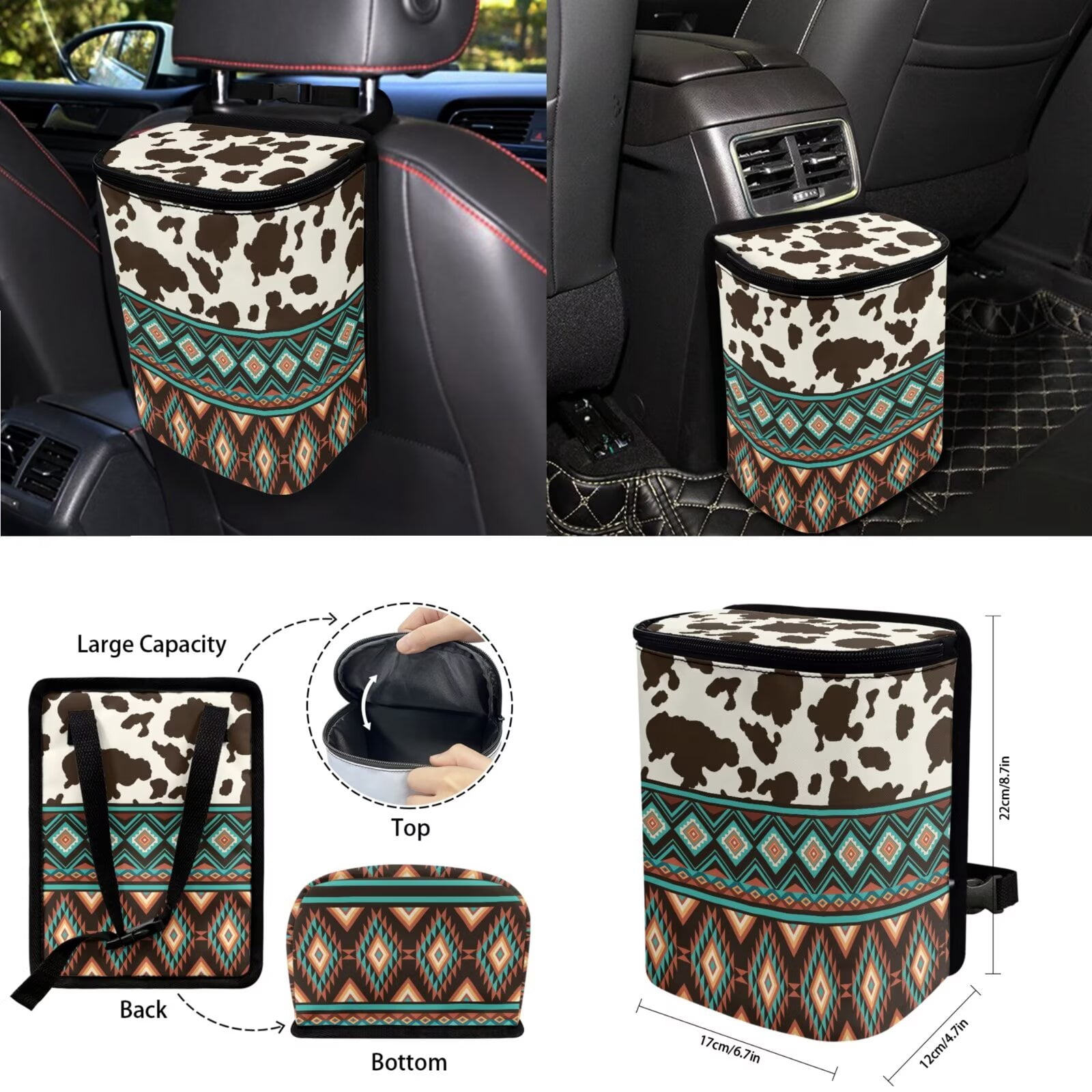 KUIFORTI Cow Print Auto Seat Covers for Women Native American Tribal Car Seat Protector Interior Set with Steering Wheel Cover +Coasters+Keychain+Interior Mirror Cover+Chapstick Holder+Car Trash Bag