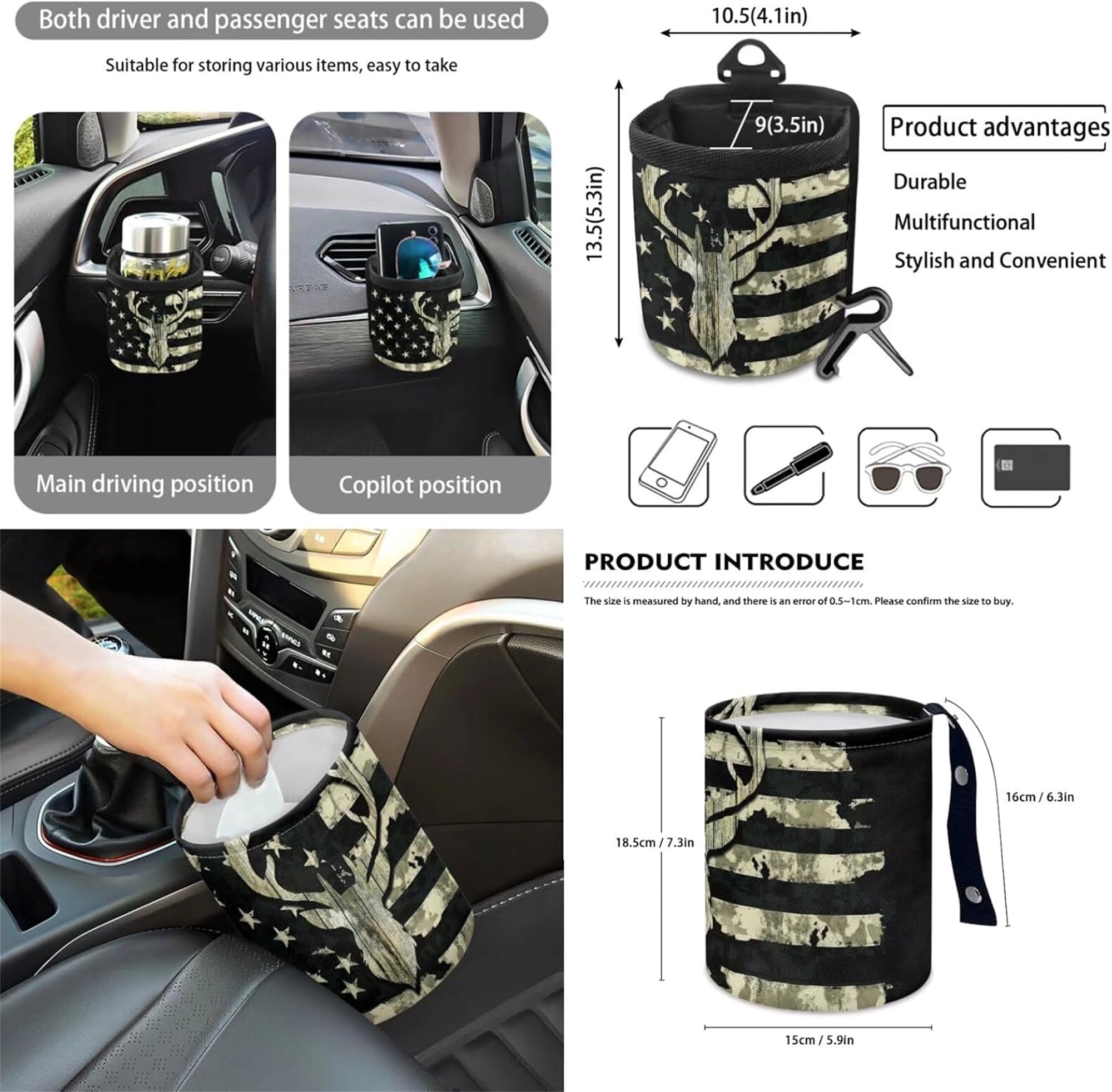Jeiento Deer 12 Pcs Car Seat Cover Set with Front Car Seat Cover Steering Wheel Armrest Cover Seat Belt Pads Garbage Can Air Vent Pouch Rearview Mirror Cover Coaster Keychain Camo Hunting