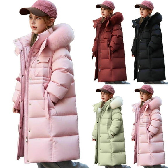 MKOSPLRT Girl's Winter Waterproof Warm Long Coat 5-13Y Kids Puffer Jacket Outerwear Parka Solid Quilted Dwon Jacket Outwear with Faux Fur Hood