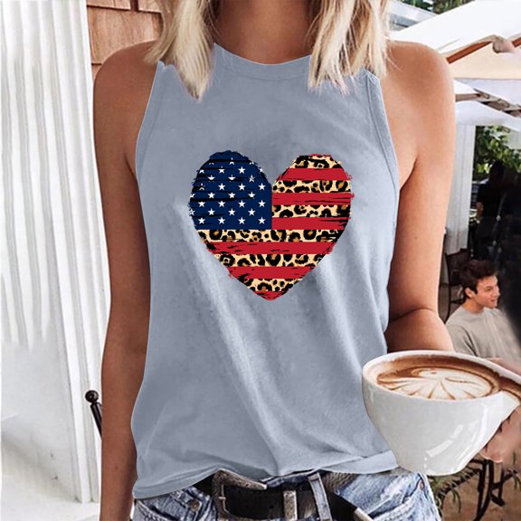 Wycnly Womens 4th of July Tank Tops Independence Day Patriotic Shirts Loose Fit Racerback Vest Summer Fashion Leopard Heart Print Round Neck Sleeveless Blouse Gray xxl