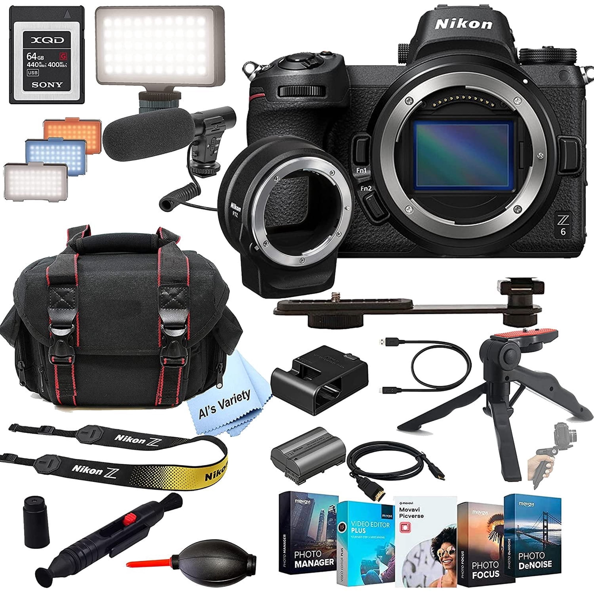 Nikon Z6 Mirrorless Digital Camera 24.5MP Body No Lens+ FTZ Mount Adapter + Shot-Gun Microphone + LED Always on Light+ 64GB G Series XQD Memory Card Gripod Case (International Model)