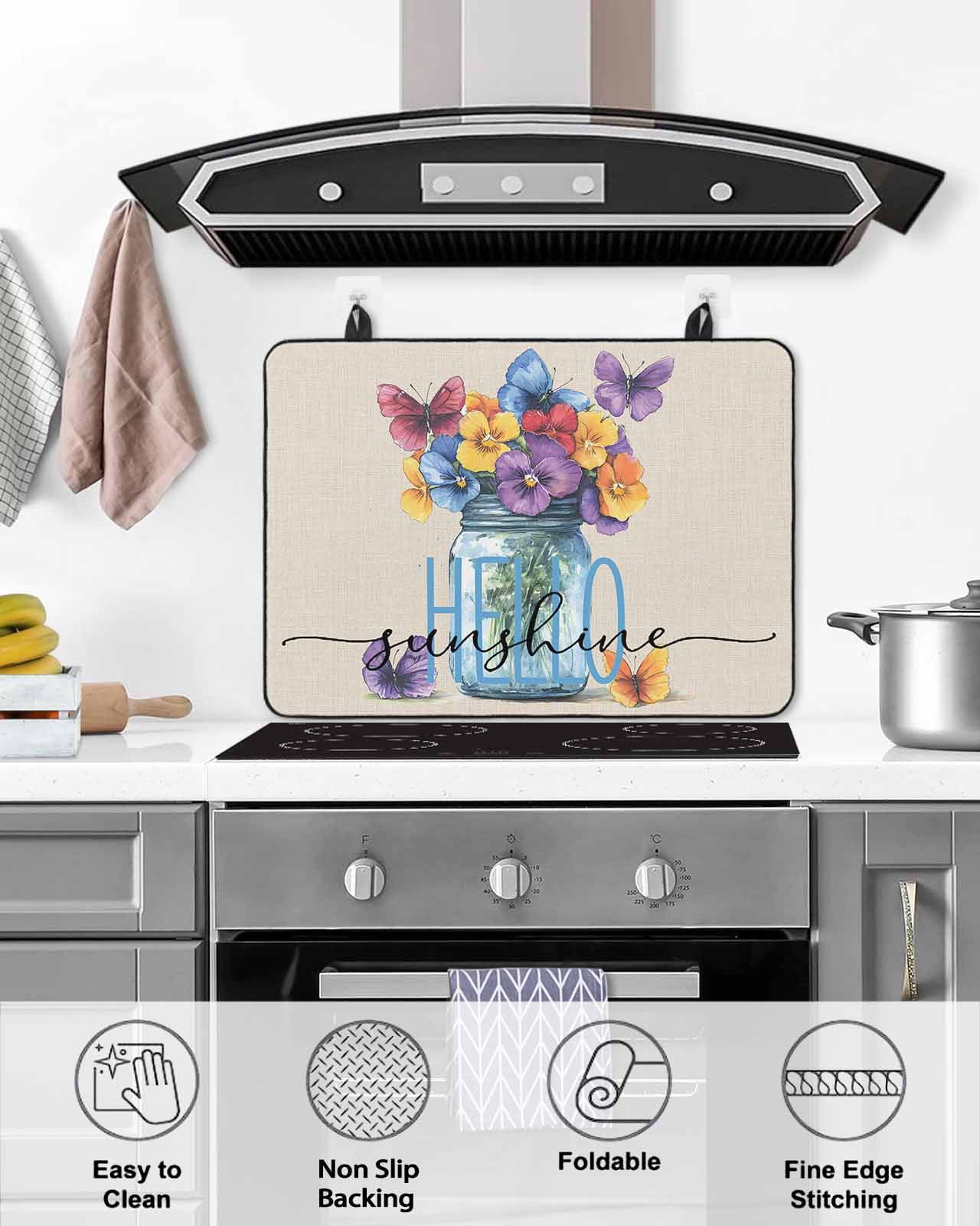 nqOlkjepod Large Induction Cooktop Protector Mat 24"x21", Purple Flower Stove Top Covers for Electric Stove, Blue Yellow Floral Bottle Country Plant Stove Burner Cover Mats, Glass Top Stove Cover