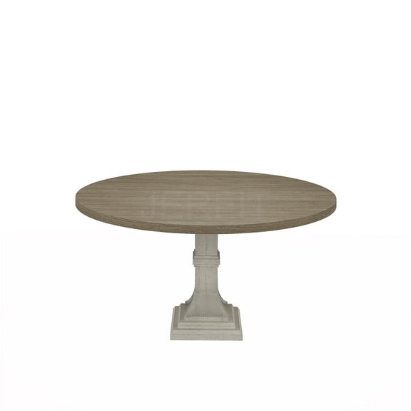 JERFIT Modern Farmhouse Dining Table, 59 Inch Round Kitchen Table with White Pedestal Base and Gray Distressed Finish Top for Dining Room